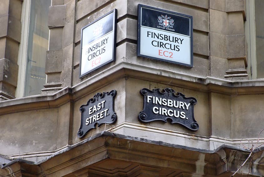 Image showing the street signs for Finsbury Circus in London Finsbury Circus Street Sign