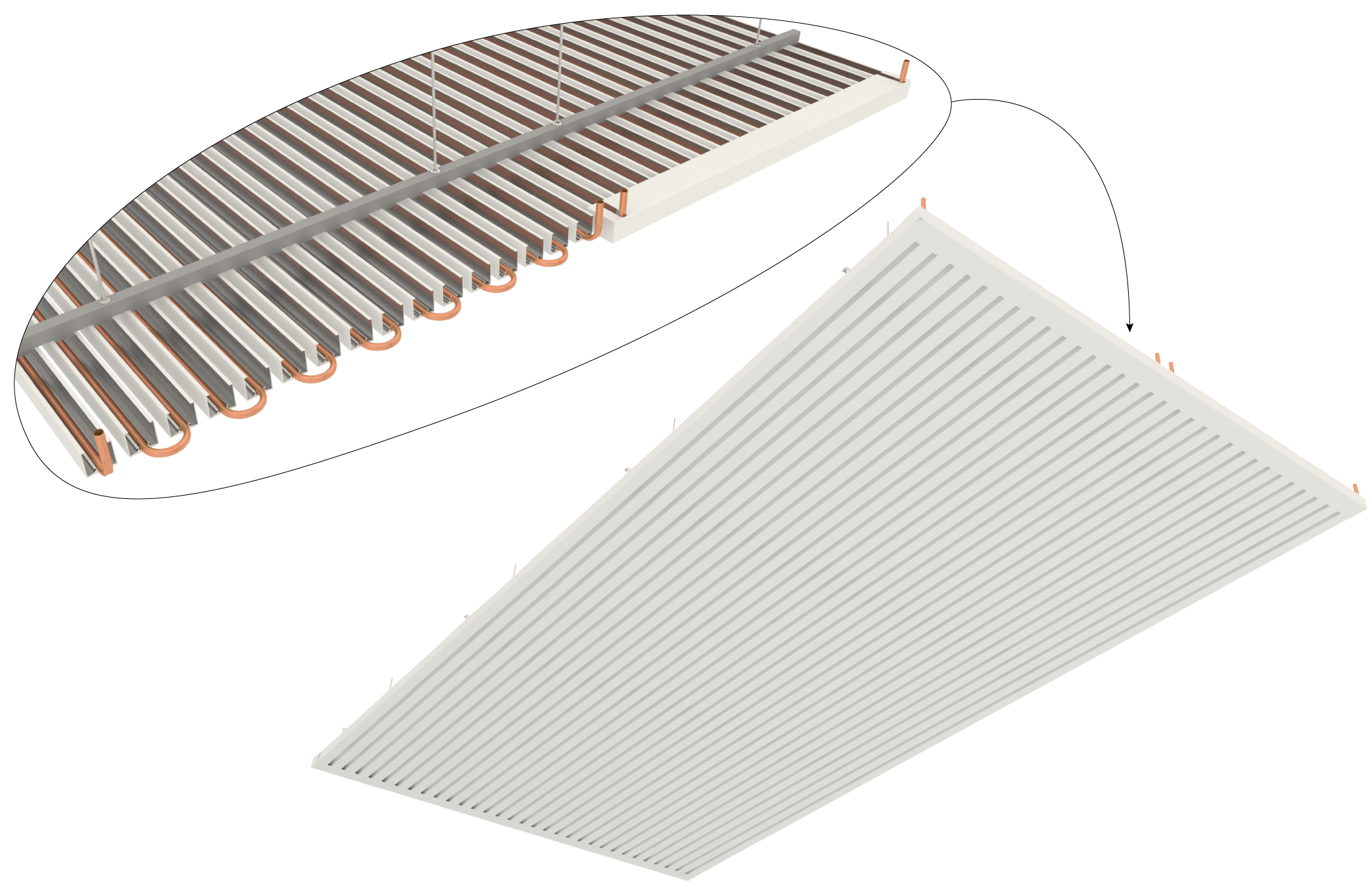 Product render of Frenger's Hydroplank Chilled Ceiling with a closer view of the endcaps Chilled Ceiling Endcaps
