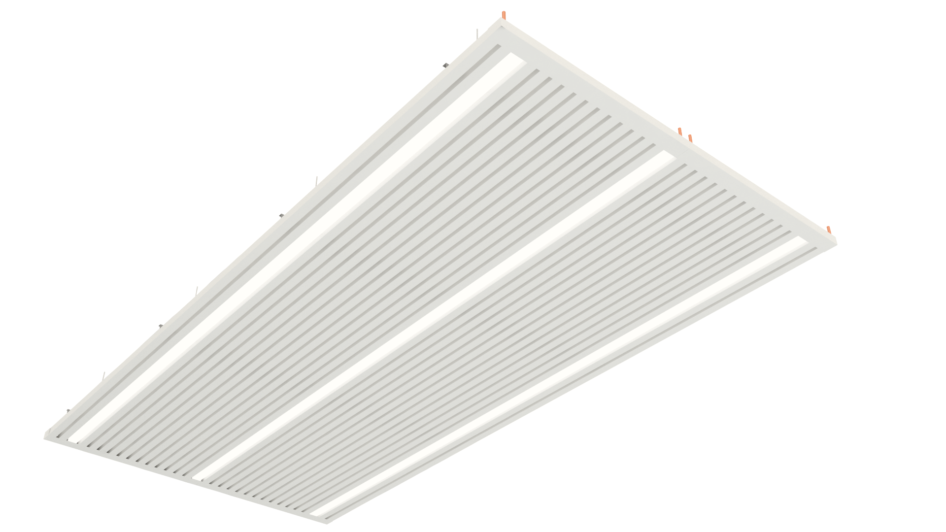 Product render of Frenger's Hydroplank Chilled Ceiling with integrated LED lighting Hydroplank Chilled Ceiling