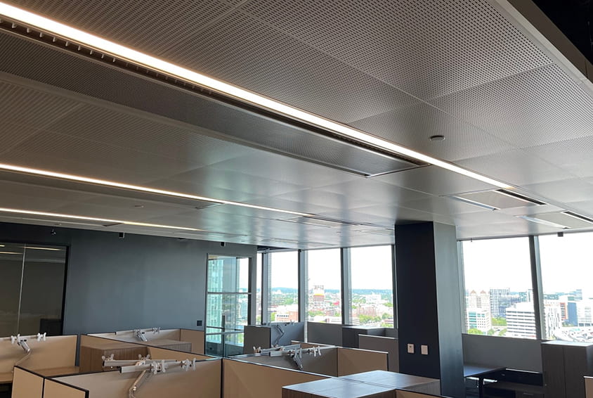 Frenger's Eco range of Ceiling Integrated Chilled Beams installed inside Hub on Causeway Ceiling Integrated Chilled Beams
